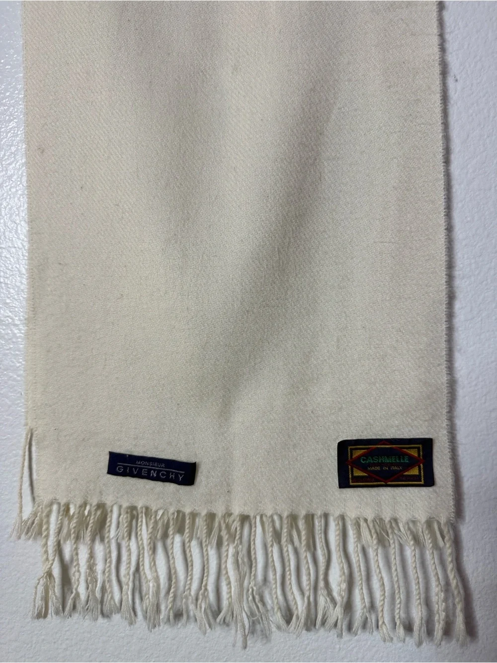 Vintage Monsieur Givenchy Ivory 100% Cashmere Scarf Made in Italy 12”x 50” Long